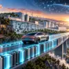 Auto elettrica su un ponte di batterie tra officina, fabbrica, energie rinnovabili e spazio