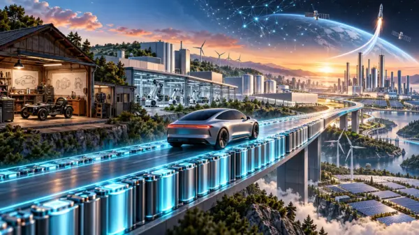 Auto elettrica su un ponte di batterie tra officina, fabbrica, energie rinnovabili e spazio