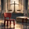 Sedia vuota davanti a bilancia e fascicoli in tribunale, allegoria del caso Bibbiano