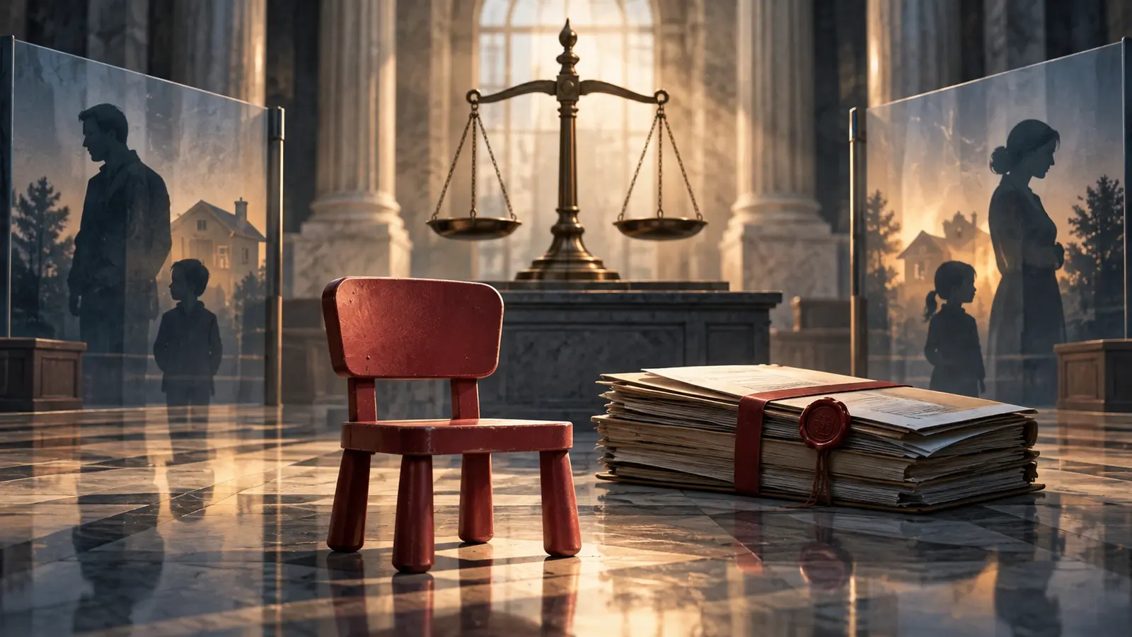 Sedia vuota davanti a bilancia e fascicoli in tribunale, allegoria del caso Bibbiano