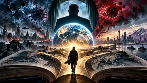 Figura presidenziale anonima, globo e ombre virali emergono dalle pagine di un thriller politico