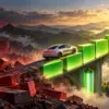 Auto elettrica sale su cinque barre verdi da una valle rossa verso la luce, allegoria dei conti Tesla