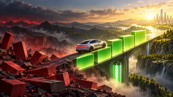 Auto elettrica sale su cinque barre verdi da una valle rossa verso la luce, allegoria dei conti Tesla