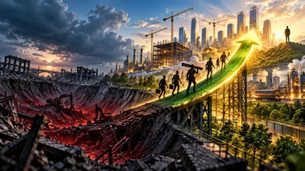 Arco verde solleva fabbriche e lavoratori da una valle in crisi verso una città luminosa