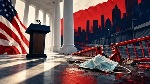 Composizione editoriale sullo spot di Trump contro il lockdown