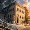Palazzo bancario storico tra bilanci in crisi e ricostruzione al sorgere del sole