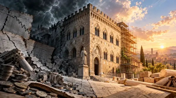 Palazzo bancario storico tra bilanci in crisi e ricostruzione al sorgere del sole