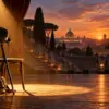Palcoscenico romano vuoto con cappello, bastone e maschere teatrali al tramonto