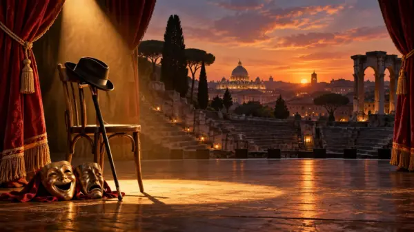 Palcoscenico romano vuoto con cappello, bastone e maschere teatrali al tramonto