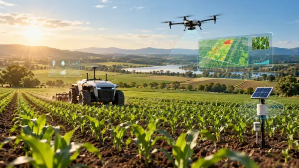Campo agricolo tecnologico con drone, trattore autonomo e sensori