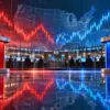 Podi elettorali rosso e blu con grafici dei mercati finanziari