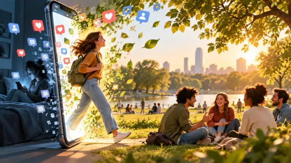 Smartphone che si apre verso un parco e relazioni sociali reali