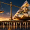 Bilancia sbilanciata da una piramide di beni e ricchezze