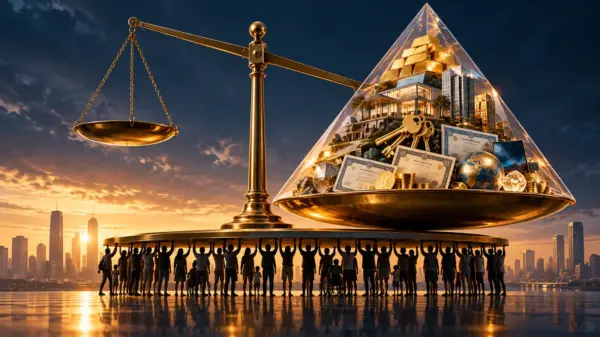 Bilancia sbilanciata da una piramide di beni e ricchezze
