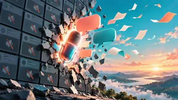 Microfono e fumetti che rompono un muro di profili silenziati