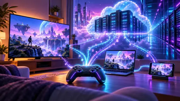 Controller collegato a server cloud su televisore, computer e smartphone