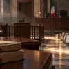 Aula giudiziaria con banco dei testimoni, fascicoli e fotografie di famiglia