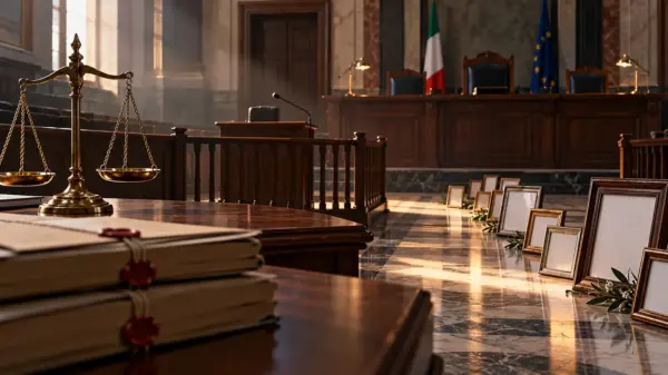 Aula giudiziaria con banco dei testimoni, fascicoli e fotografie di famiglia