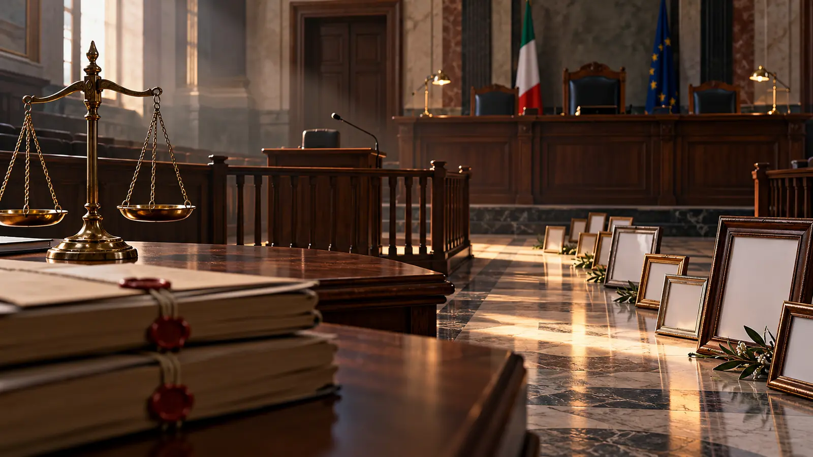 Aula giudiziaria con banco dei testimoni, fascicoli e fotografie di famiglia