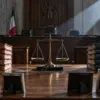 Aula giudiziaria vuota con fascicoli contrapposti, bilancia e fotografie di famiglia