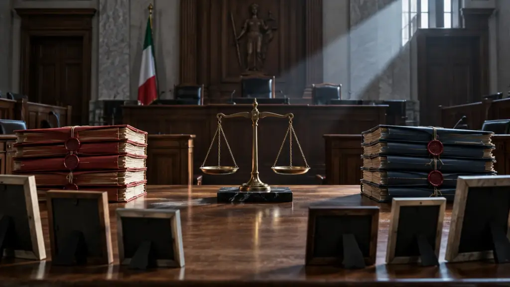 Aula giudiziaria vuota con fascicoli contrapposti, bilancia e fotografie di famiglia