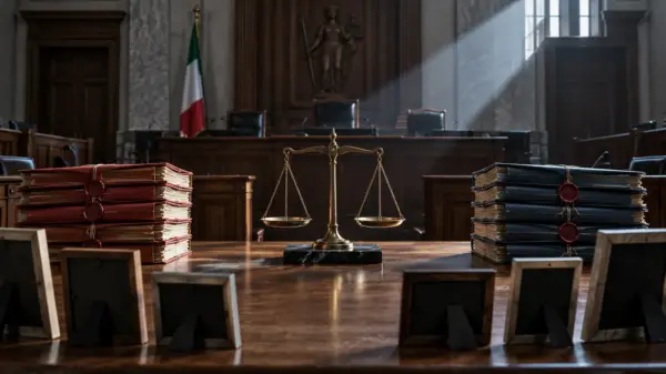 Aula giudiziaria vuota con fascicoli contrapposti, bilancia e fotografie di famiglia