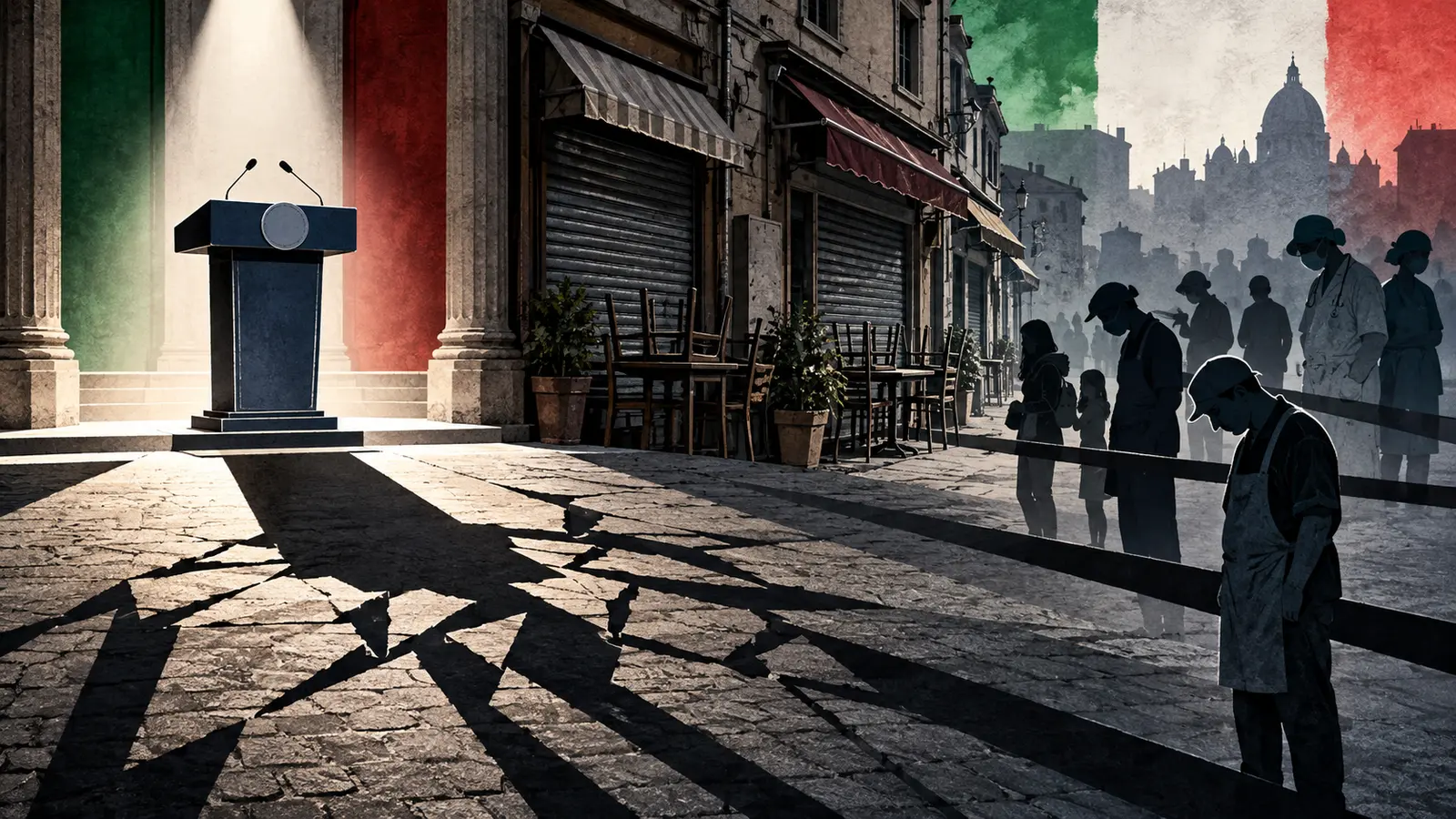 Leggio vuoto e attività chiuse rappresentano la distanza tra annunci e sofferenza sociale