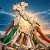 Molte mani ricompongono una mappa di pietra dell’Italia collegata all’Atlantico