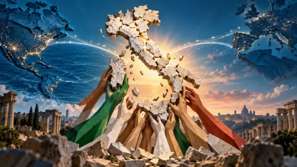 Molte mani ricompongono una mappa di pietra dell’Italia collegata all’Atlantico