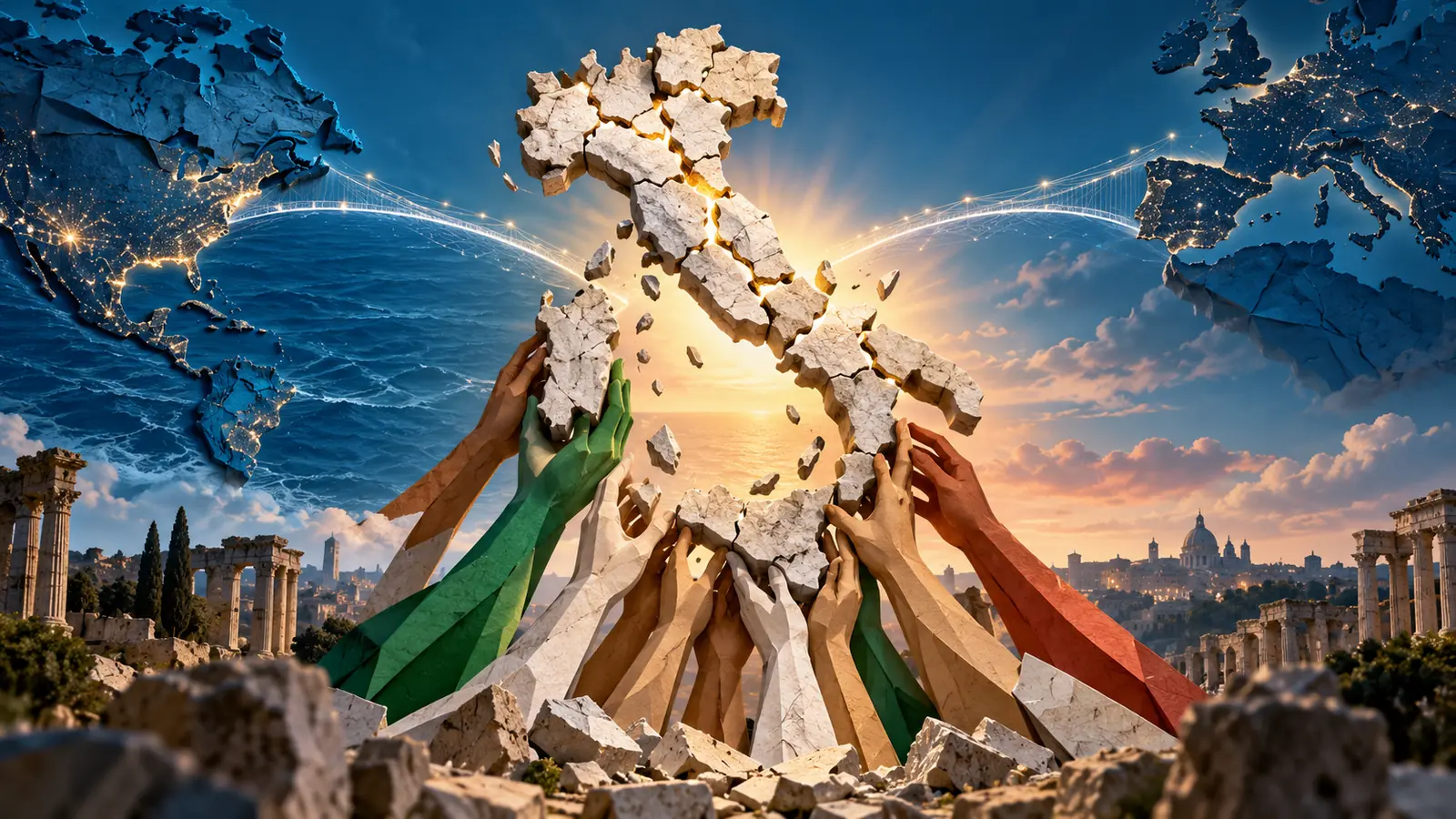 Molte mani ricompongono una mappa di pietra dell’Italia collegata all’Atlantico