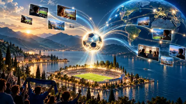 Football above the lakeside stadium sends digital content across the globe
