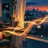 Chitarra e studio di registrazione domestico con onde luminose dirette verso la città e un ospedale