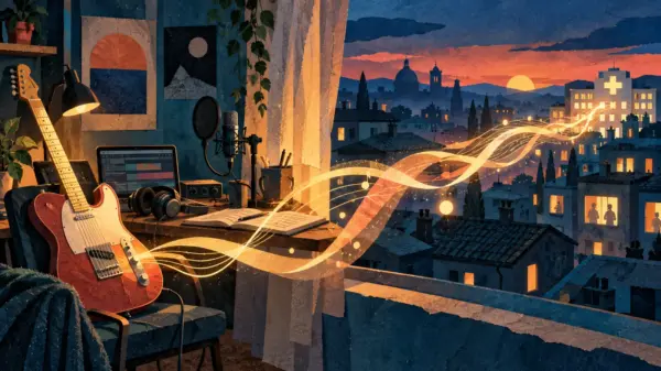 Chitarra e studio di registrazione domestico con onde luminose dirette verso la città e un ospedale