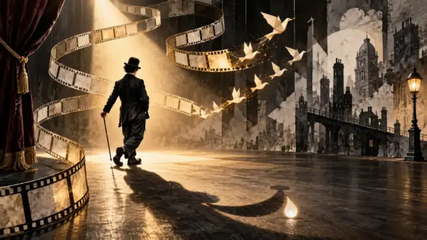Omaggio editoriale a Charlie Chaplin con vagabondo sul palcoscenico, pellicola in volo e ombra sorridente