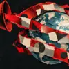 Red megaphone wrapping an abstract globe in graphic ribbons, a conceptual image of global propaganda