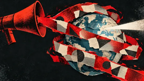 Red megaphone wrapping an abstract globe in graphic ribbons, a conceptual image of global propaganda