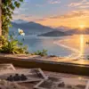 Finestra aperta su un lago all’alba con fiore, fotografie e scia luminosa del tempo
