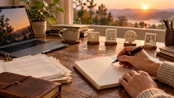 Scrivania di uno scrittore con taccuino, computer e strumenti di comunicazione