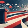 Due leggii collegati da un percorso rosso, bianco e blu e da una rete di dialoghi, allegoria della comunicazione politica americana.