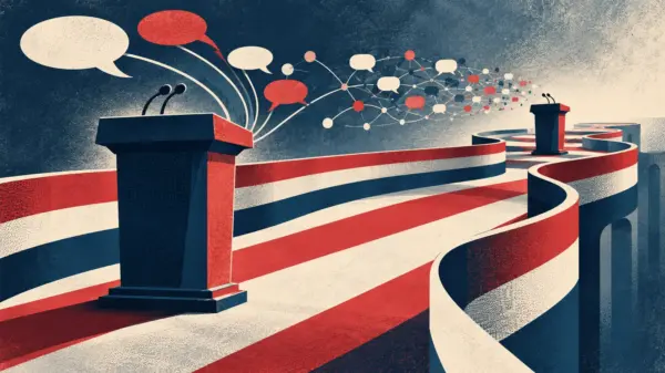 Due leggii collegati da un percorso rosso, bianco e blu e da una rete di dialoghi, allegoria della comunicazione politica americana.