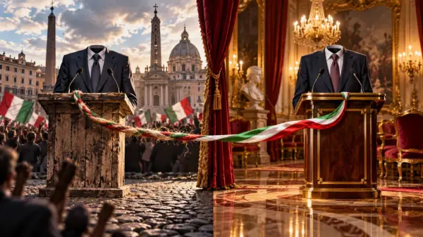 Due podi e lo stesso abito vuoto dividono piazza popolare e salone istituzionale