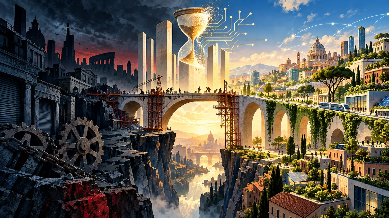 Ponte in ricostruzione tra una città ferma e un paesaggio rinnovato, metafora di governo, economia e convivenza