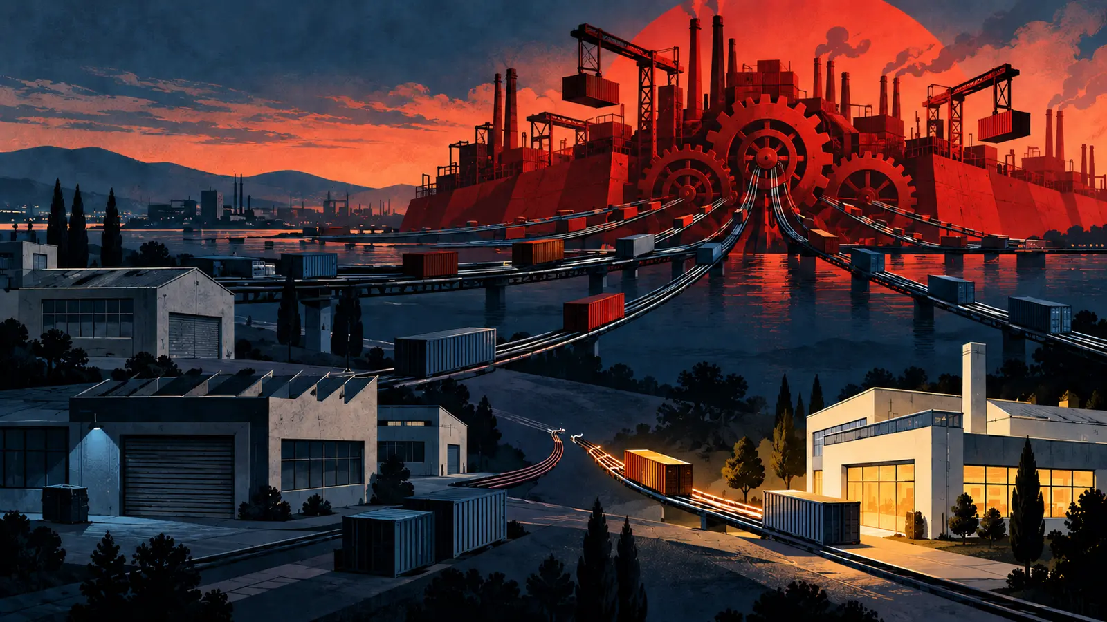 Illustrazione concettuale della dipendenza industriale occidentale dalle catene di fornitura cinesi