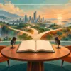 Due sedie e un libro aperto davanti a un orizzonte di percorsi, simbolo del dialogo sul futuro post-pandemia