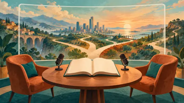 Due sedie e un libro aperto davanti a un orizzonte di percorsi, simbolo del dialogo sul futuro post-pandemia