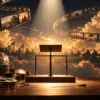 Podio vuoto, bacchetta, orchestra e pellicole cinematografiche illuminate
