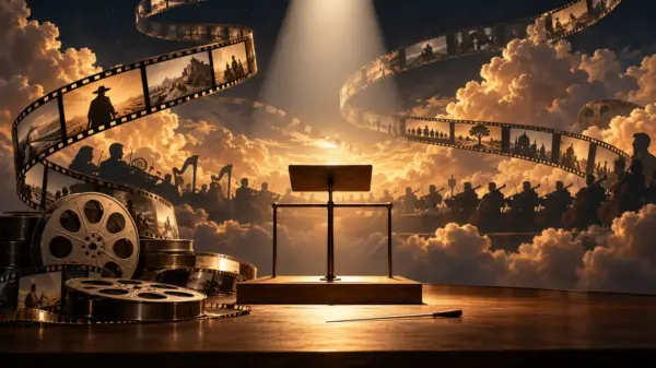 Podio vuoto, bacchetta, orchestra e pellicole cinematografiche illuminate