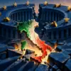 Illustrazione editoriale concettuale dell’Europa che si incrina e dell’Italia che riafferma la propria identità
