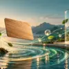Una carta in legno e uno smartphone di vetro emergono da un flusso digitale tra acqua e foglie: allegoria della finanza sostenibile