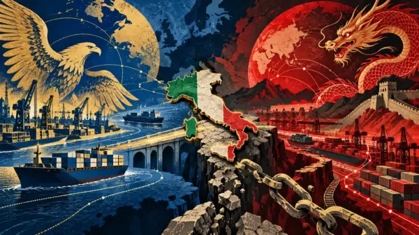 Italia al centro tra il blocco atlantico simboleggiato da un’aquila e la Cina rappresentata da un drago